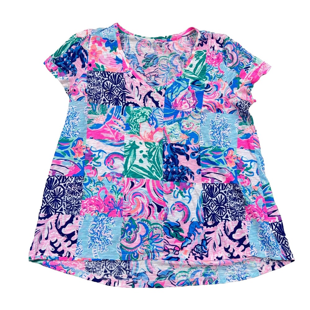 Lilly Pulitzer Etta V-Neck T-Shirt Women Large Multi Bright Patchwork Print